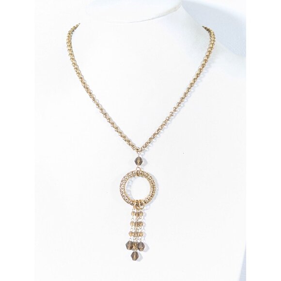 Retro Gold Tone Brown Glass Chain Tassel Necklace Rolo Link Boho 18" - Picture 2 of 9